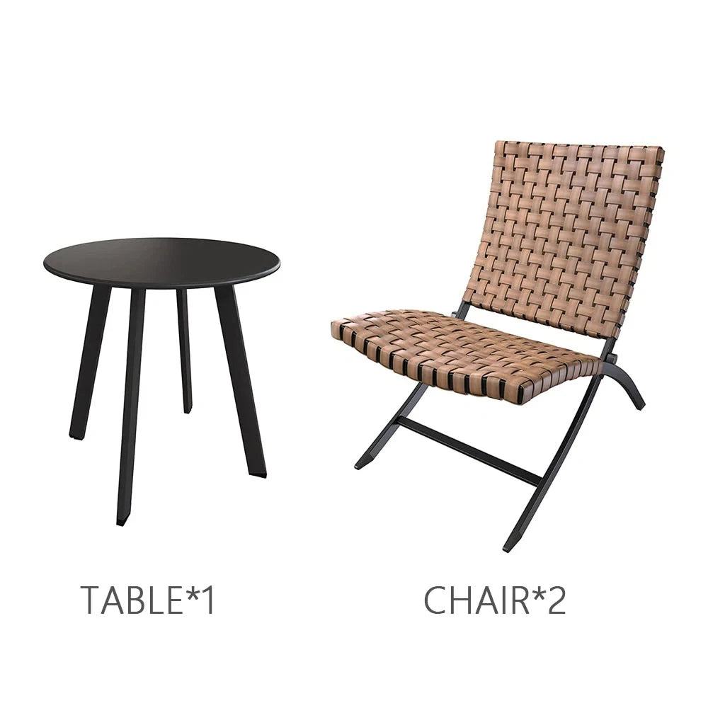3 Piece Leather Texture Wicker Patio Chairs Foldable Balcony Furniture Set with Outdoor Lounge Seating and Side Table