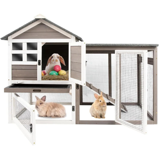 Rabbit Hutch Indoor Outdoor Rabbits Cages Large Fir Wood Bunny Hutch with Pull Out Tray Weather Resistant