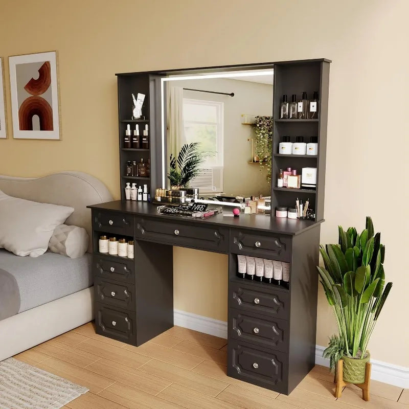 Black X-Large Makeup Vanity with LED Lighted Mirror and 9 Drawers Storage Shelf 47 Inch Dressing Table