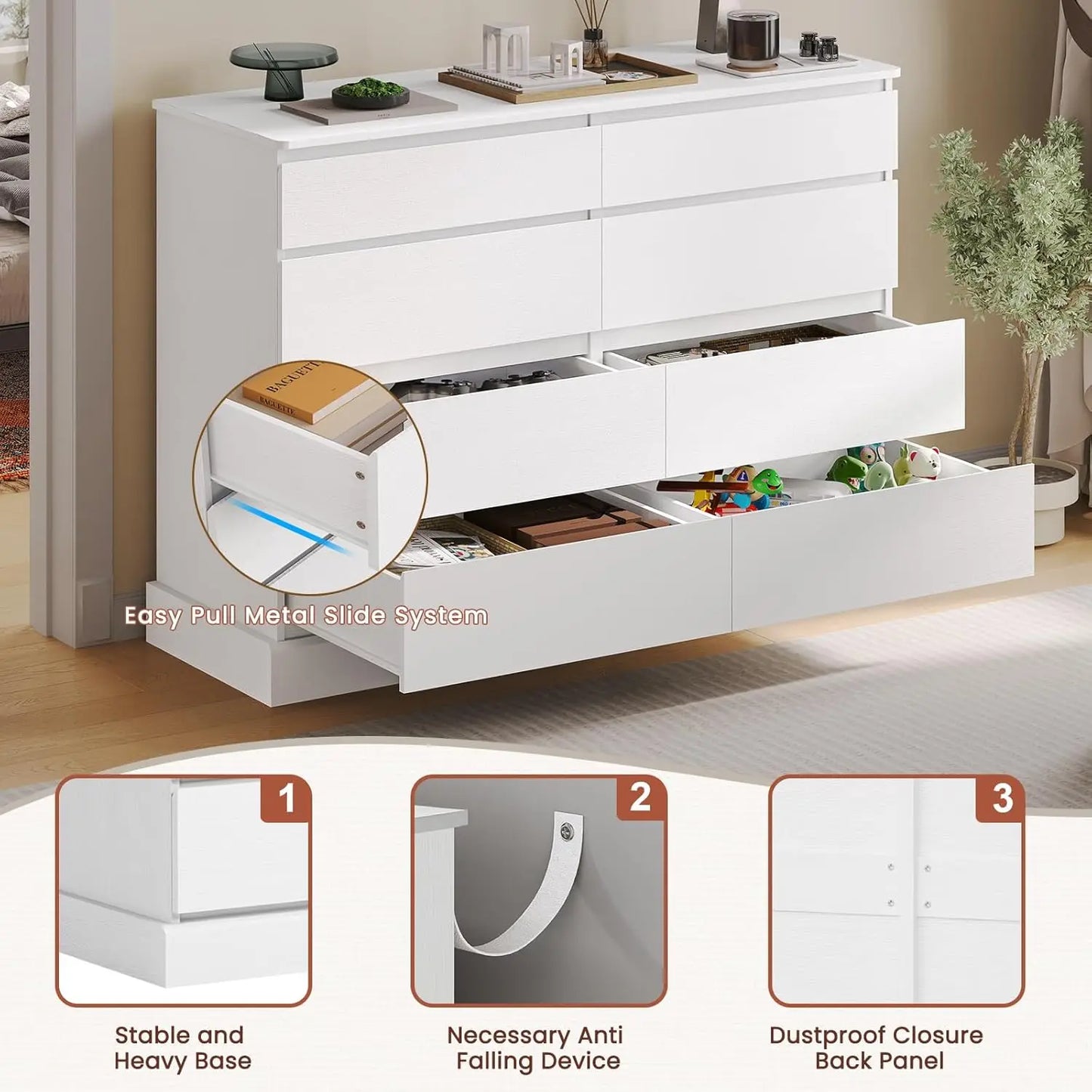 White Wooden Dresser for Bedroom with 8 Spacious Drawers 51.5 Inch Long Clothing Storage Chest