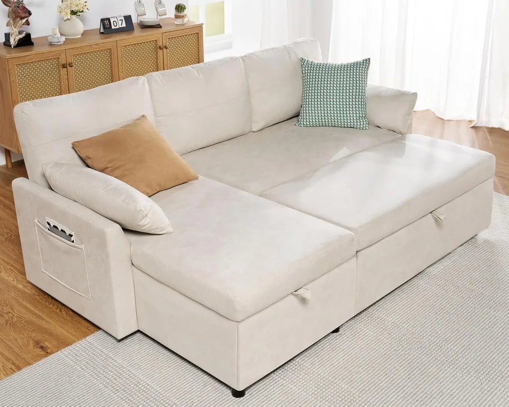 Sofa Bed, Sofa Sleeper with Chaise, Pull Out Couch for Living Room, Off-White Leathaire,