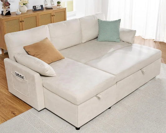 Sofa Bed, Sofa Sleeper with Chaise, Pull Out Couch for Living Room, Off-White Leathaire,