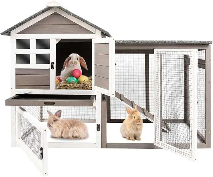 Rabbit Hutch Indoor Outdoor Rabbits Cages Large Fir Wood Bunny Hutch with Pull Out Tray Weather Resistant