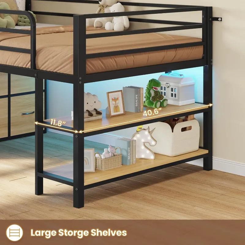 Twin Size Low Loft Bed with 6 Fabric Storage Drawers, Metal Loft Bed Twin with LED Lights & Open Storage Shelves
