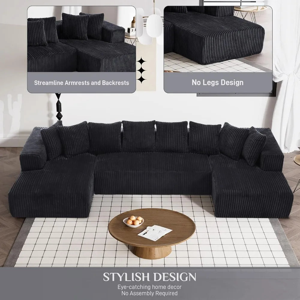 131 Inch Modular Sectional Couch Luxury Black Sectional Couches for Living Room Comfy Corduroy Sofa with Chaise Lounge