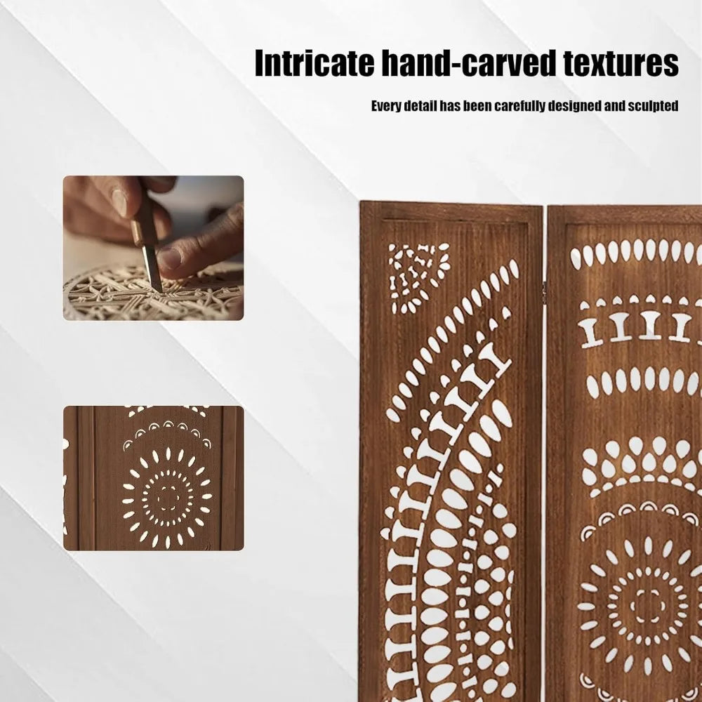 6 Panel Wood Room Divider Fully Assembled, Carved Boho Room Dividers and Folding Screens, 5.6Ft Room Divider Screen Freestanding