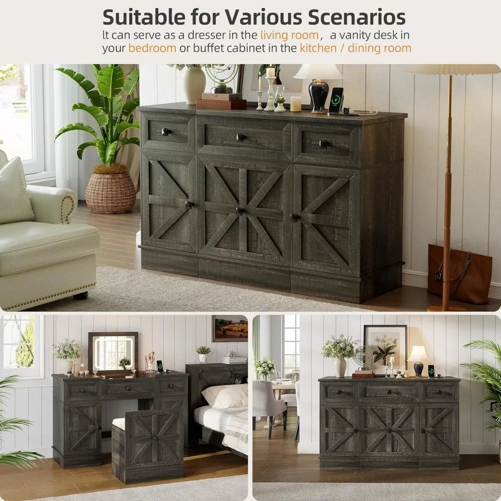 Farmhouse Vanity Desk with Flip Top Mirror and Lights Makeup Vanity Table with Adjustable Cabinets and Hidden Storage