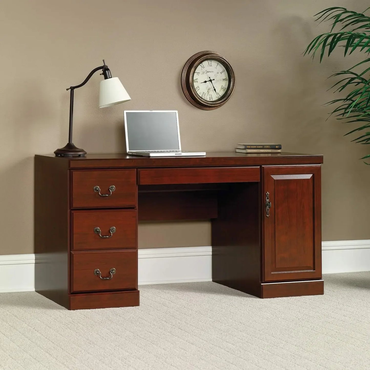 Sauder Heritage Hill Computer Credenza, L: 59.25" x W: 20.47" x H: 30.24", Classic Cherry, 404944