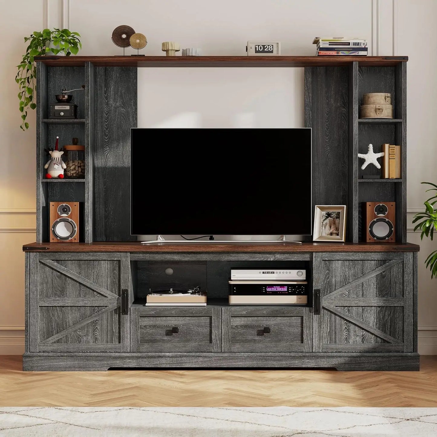 Wood TV Stand, TV Stands for Living Room Up to 65'',Wall Unit Entertainment Center with Ample Storage Space and Adjustab