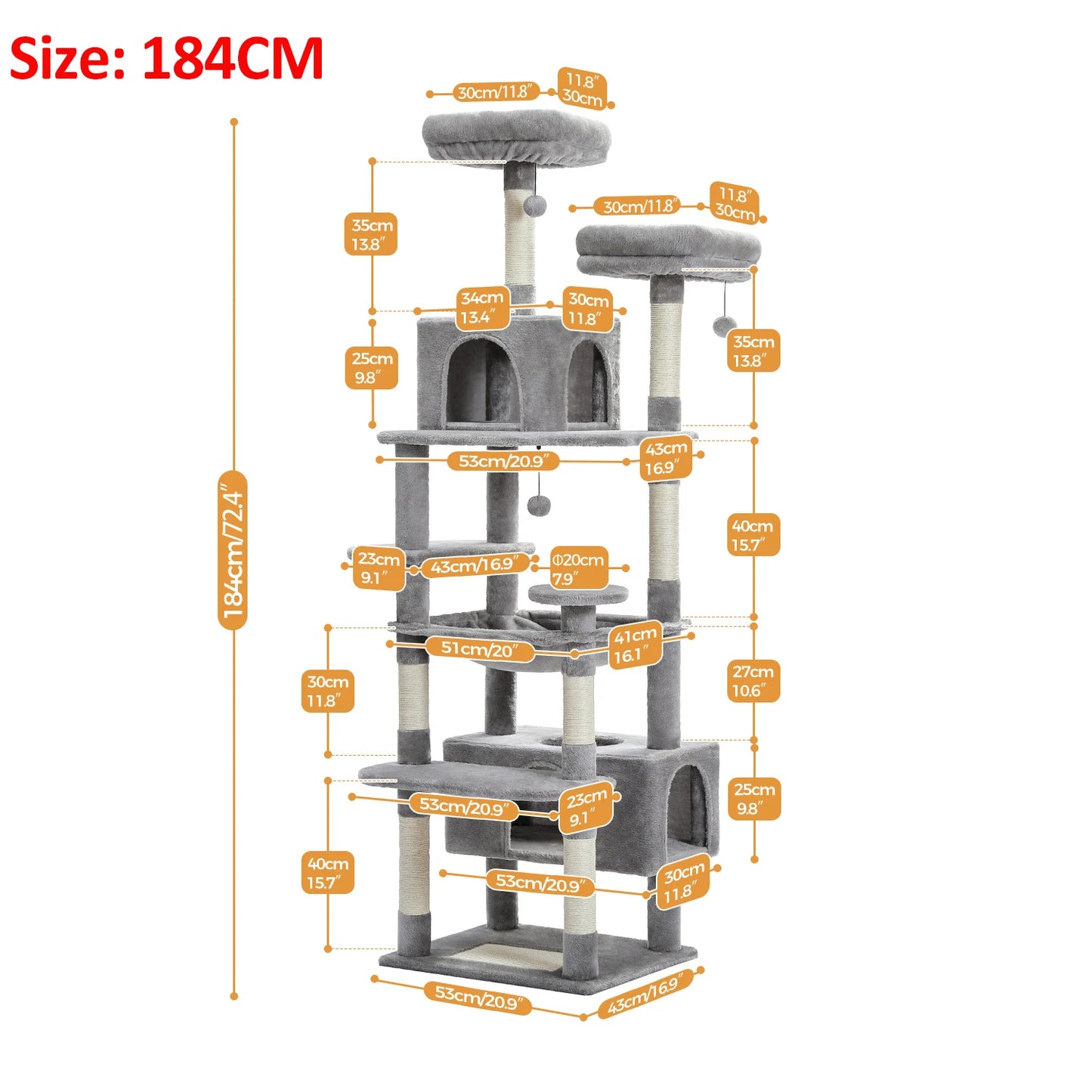 184cm Large Cat Tree Tower for Indoor Cats with Sisal Scratching Posts Spacious Hammock Padded Perches and Condos