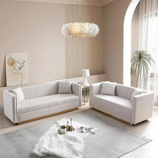 Luxury Velvet Sofa Set for Living Room with Nailhead Gold Metal Legs and Four Pillows