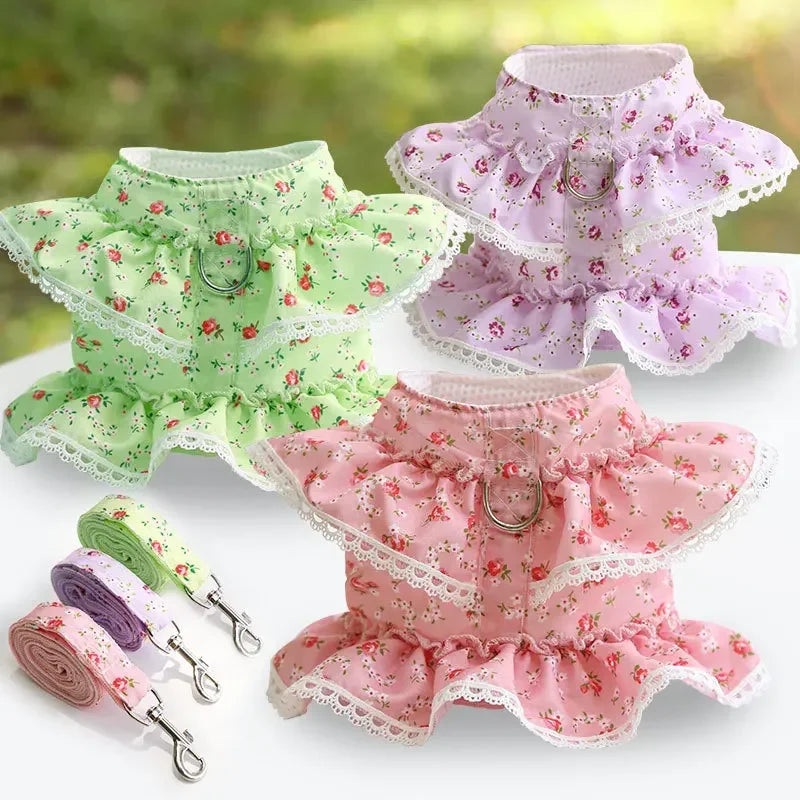 Adjustable Lace Floral Dog Cat Harness Leash Set Mesh Vest