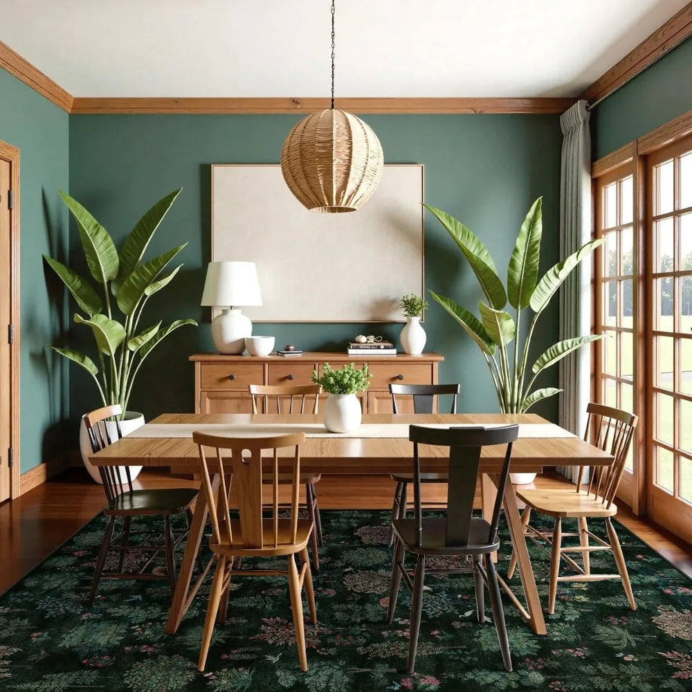 Forest Print Washable 8x10 Area Rugs Dark Green Non Slip Ultra Thin Soft Boho Floral Carpet for Living Room