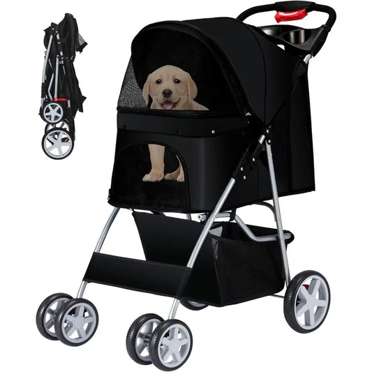 Pet Stroller for Medium and Small Dogs and Cats Four Wheels Folding Cat Jogger with Storage Basket and Breathable Mesh