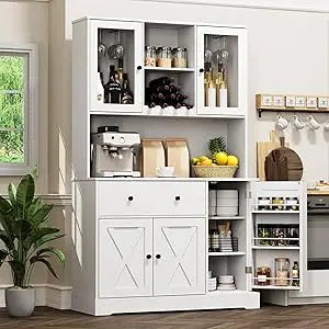 Kitchen Pantry Storage Cabinet with LED Lights and Power Strip Tall Farmhouse Kitchen Pantry with Barn Doors and Drawers