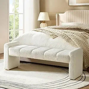 55 Inch Upholstered End of Bed Bench with Rubber Wood Legs Entryway Ottoman with Thick Padded Cushion for Bedroom and Living Room