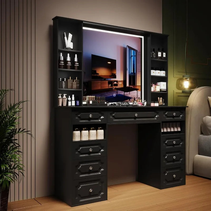Black X-Large Makeup Vanity with LED Lighted Mirror and 9 Drawers Storage Shelf 47 Inch Dressing Table