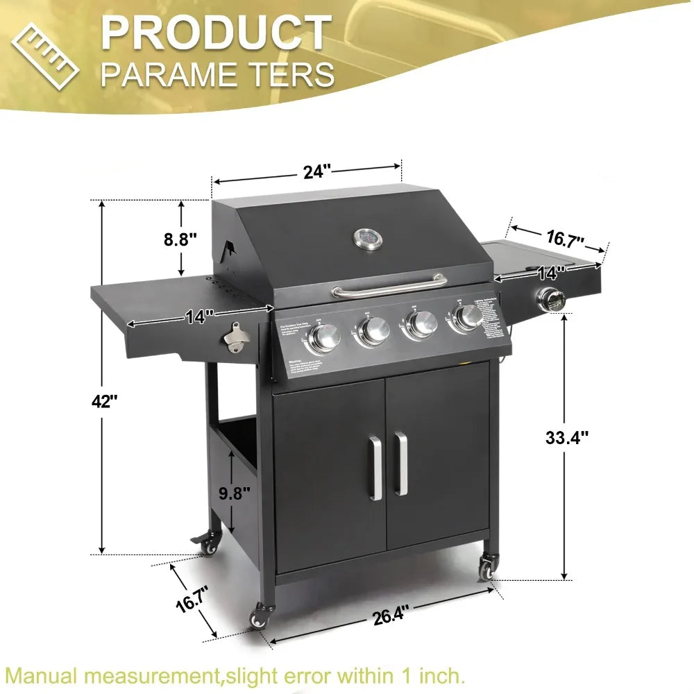 4 Burner Propane Gas Grill with Side Burner and Side Table for Outdoor Cooking and Camping