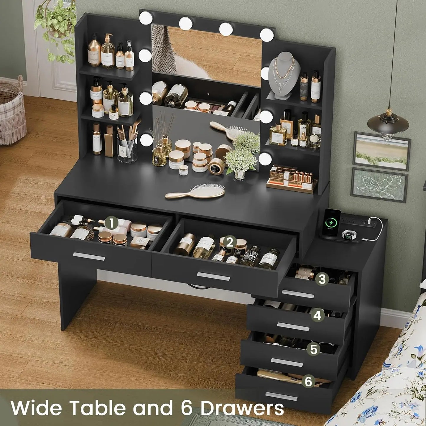 Quimoo 48 Inch Large Vanity Desk with Mirror and Lights Makeup Vanity with Six Drawers Power Outlet and Makeup Mirror Desk Table