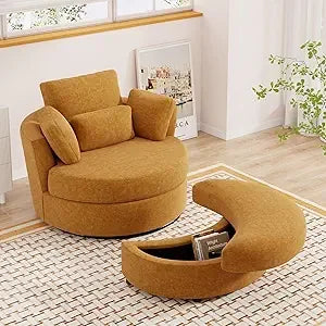 Oversized Swivel Accent Chair with Half Moon Storage Ottoman, 42'' W Chenille Round Swivel Barrel Chair, Modern Upholstered Comf