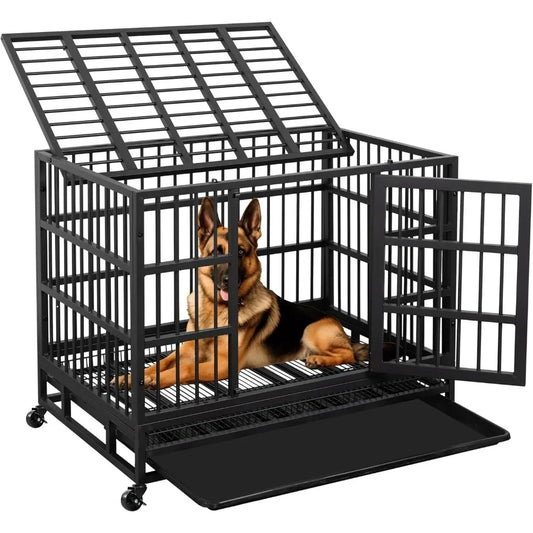 Heavy Duty Dog Crate Double Doors Escape Proof Cage Kennel