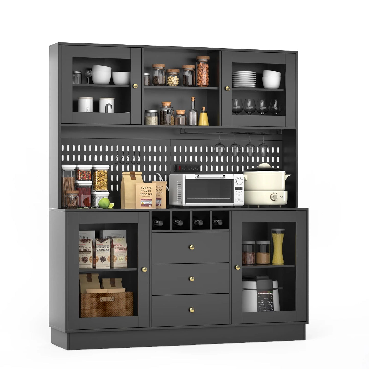 Pantry Cabinet Kitchen Storage Cabinet Freestanding Buffet Hutch with Pegboard Cup Holder Power Outlet Black