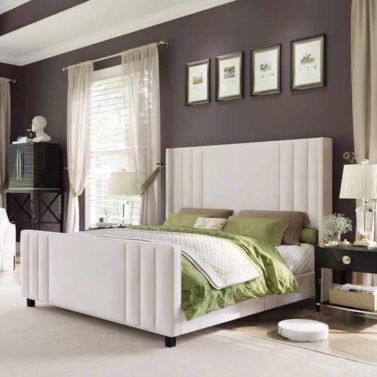 Queen Size Velvet Upholstered Platform Bed Frame with Vertical Channel Tufted Headboard and Footboard Wingback