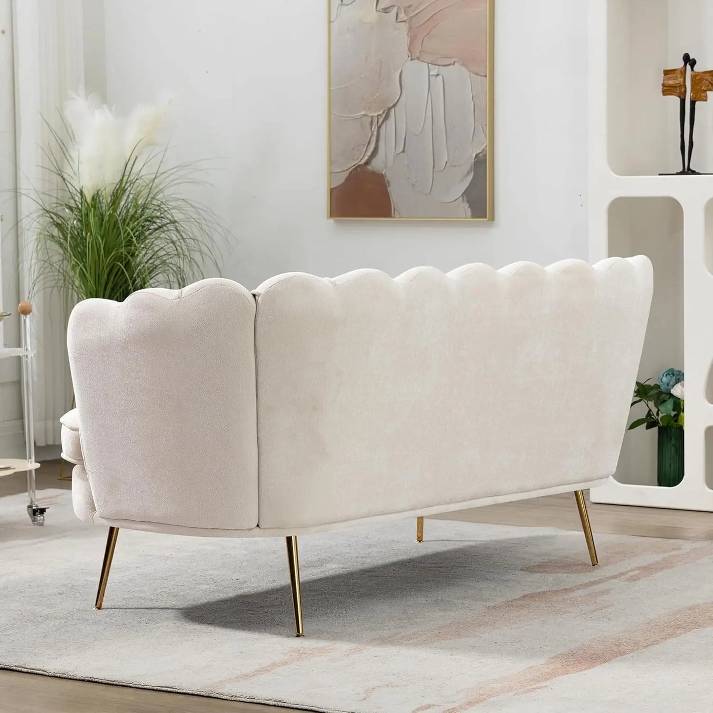 59 Inch Small Modern Chenille Loveseat Sofa 2 Seater Sofa with Gold Metal Legs Flower Shaped Back Couch for Living Room