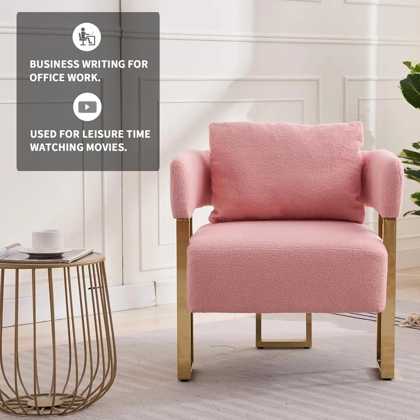Set of 2 Pink Teddy Velvet Side Sofa with Gold Legs Tufted Plush Upholstered Reading Armchair with Lumbar Pillow Living Room Furniture