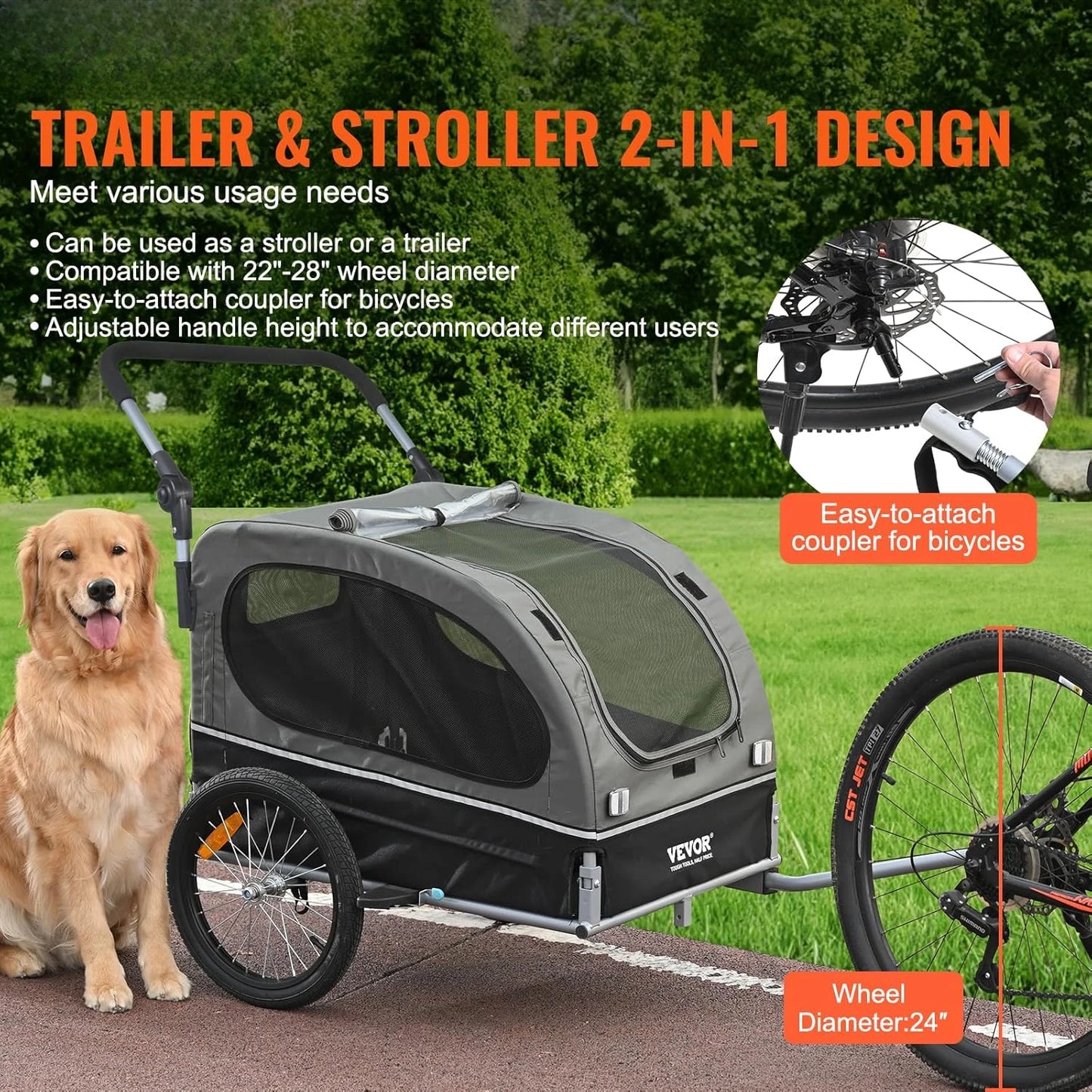 Dog Bike Trailer, Supports up to 88 lbs, 2-in-1 Pet Stroller Cart Bicycle Carrier, Easy Folding Cart Frame with Quick Release