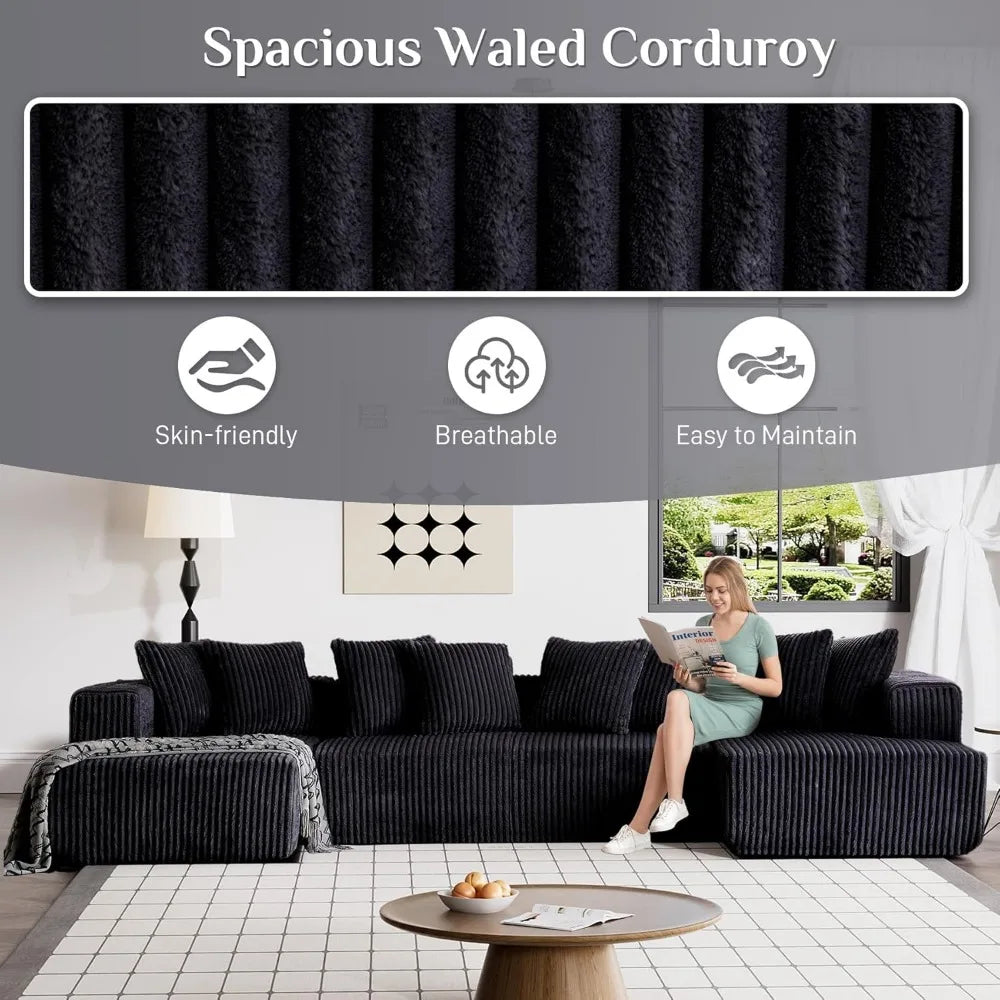 131 Inch Modular Sectional Couch Luxury Black Sectional Couches for Living Room Comfy Corduroy Sofa with Chaise Lounge