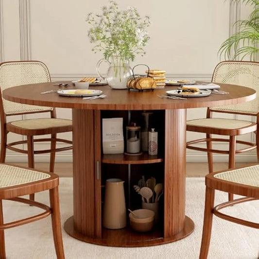 Kitchen Table Dinner Table Storage Shelf with Wood Slide Door for Modern Home Dining Room and Living Room