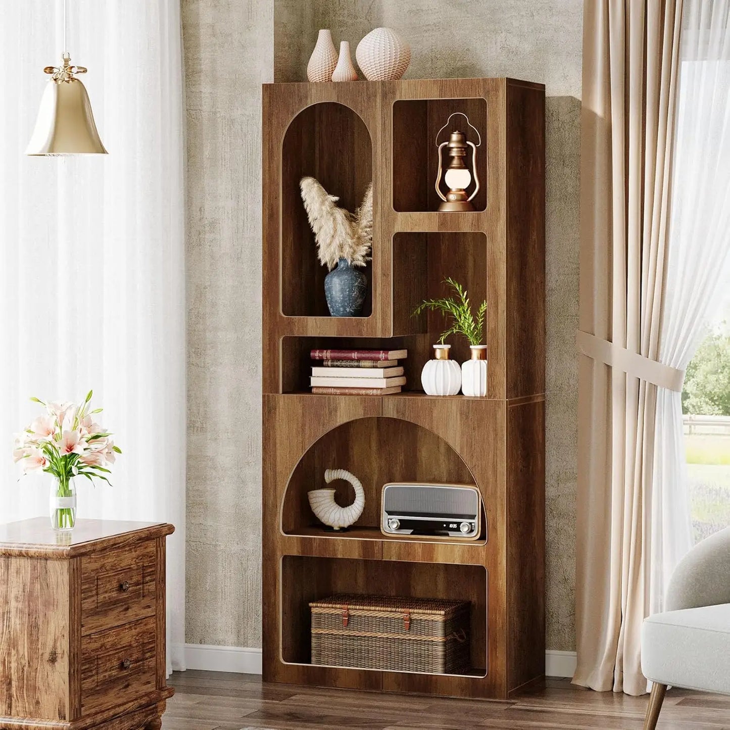 70.87 Inch Tall Geometric Bookshelf White Arched Bookcase with 5 Irregular Storage Shelves Free Standing for Living Room and Bedroom