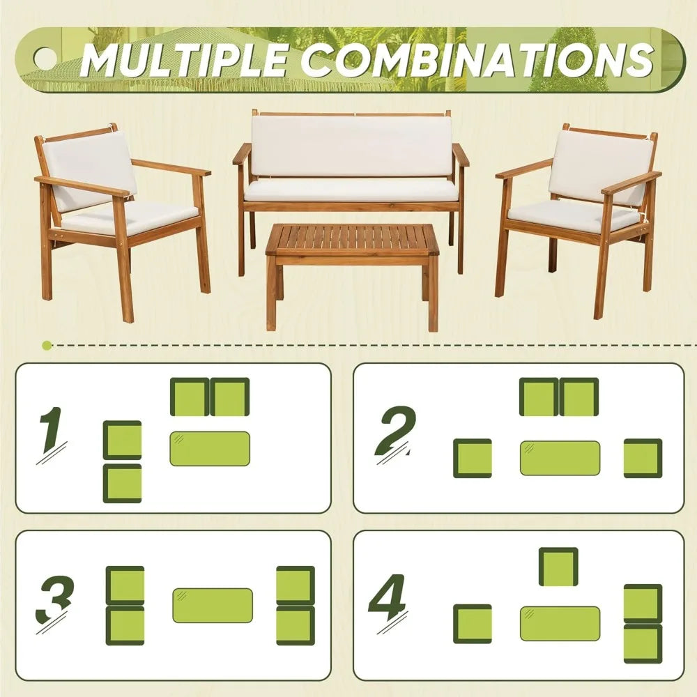 Patio Furniture Outdoor Acacia Wood Conversation Sofa Set with Table and Cushions for Deck and Balcony