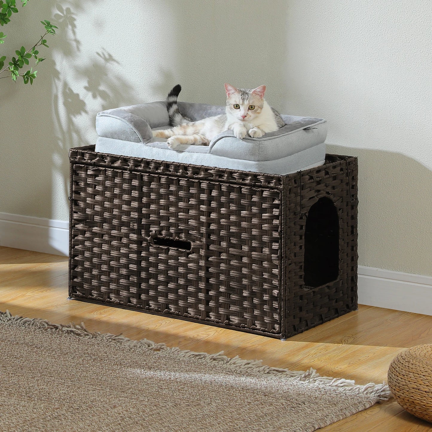 Rattan Cat Litter Box Enclosure Furniture with Door Handwoven Rattan Hidden Litter Box for Living Room Odor Control Cat House Bed