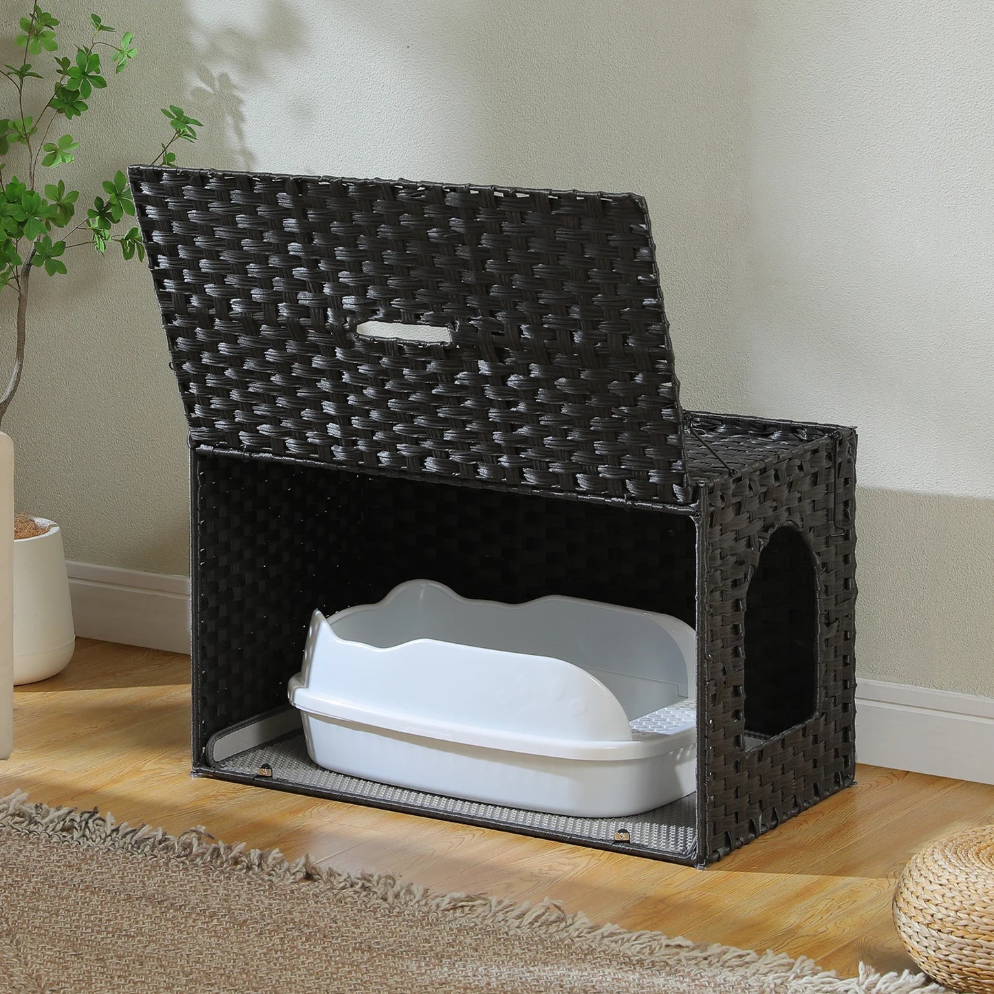 Rattan Cat Litter Box Enclosure Furniture with Door Handwoven Rattan Hidden Litter Box for Living Room Odor Control Cat House Bed