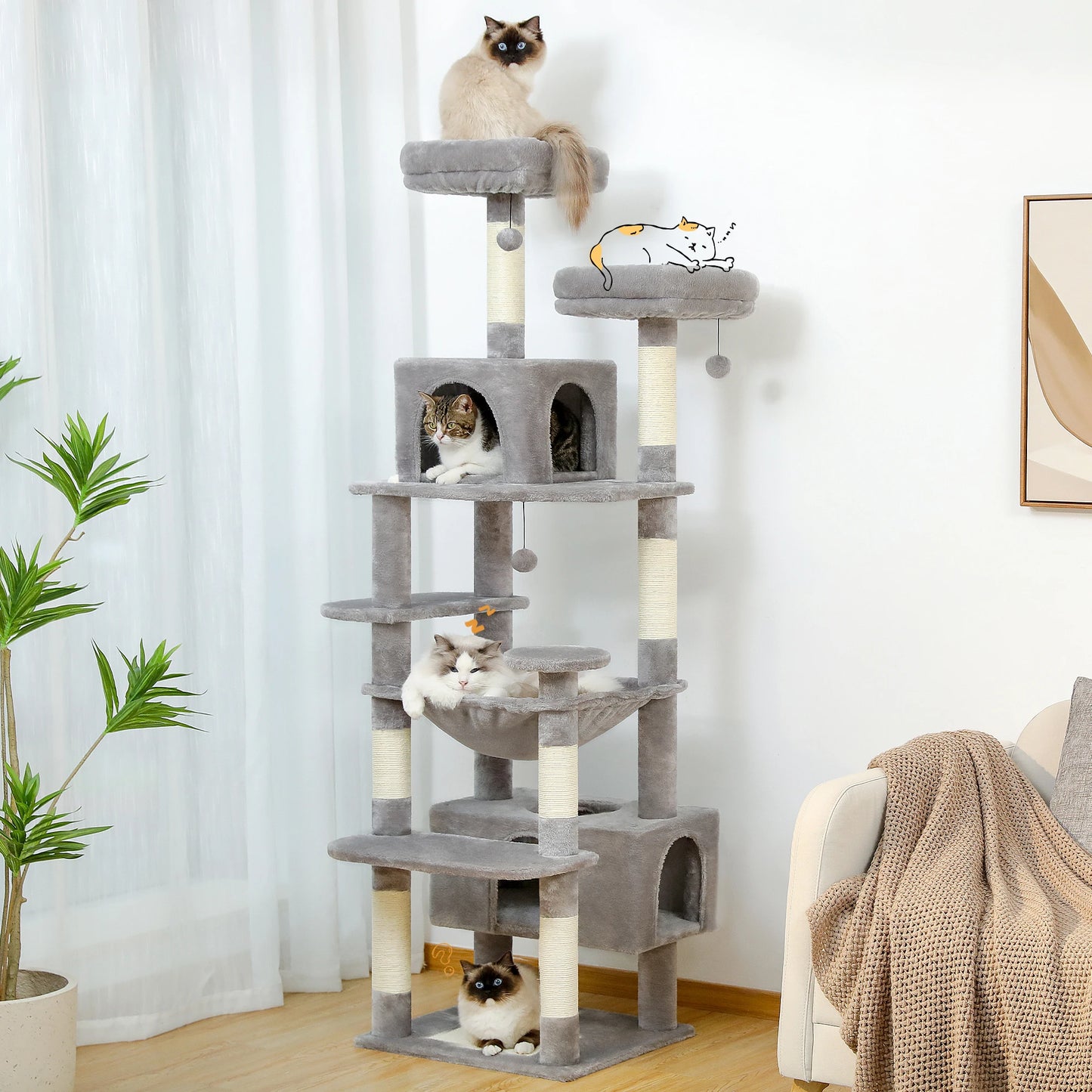 184cm Large Cat Tree Tower for Indoor Cats with Sisal Scratching Posts Spacious Hammock Padded Perches and Condos