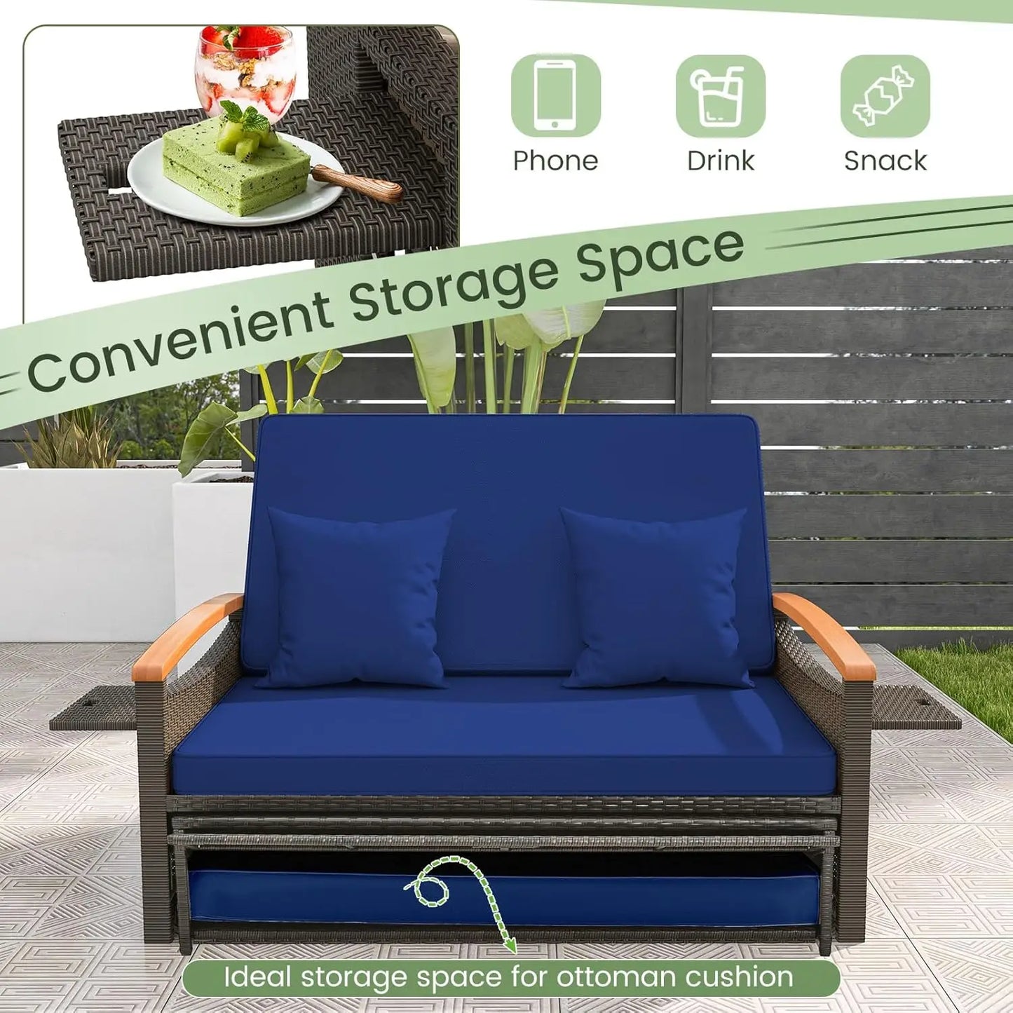 Moccha Outdoor Wicker Daybed Patio Rattan Loveseat Sofa with 4-Level Adjustable Backrest Folding Panels and Storage Ottoman