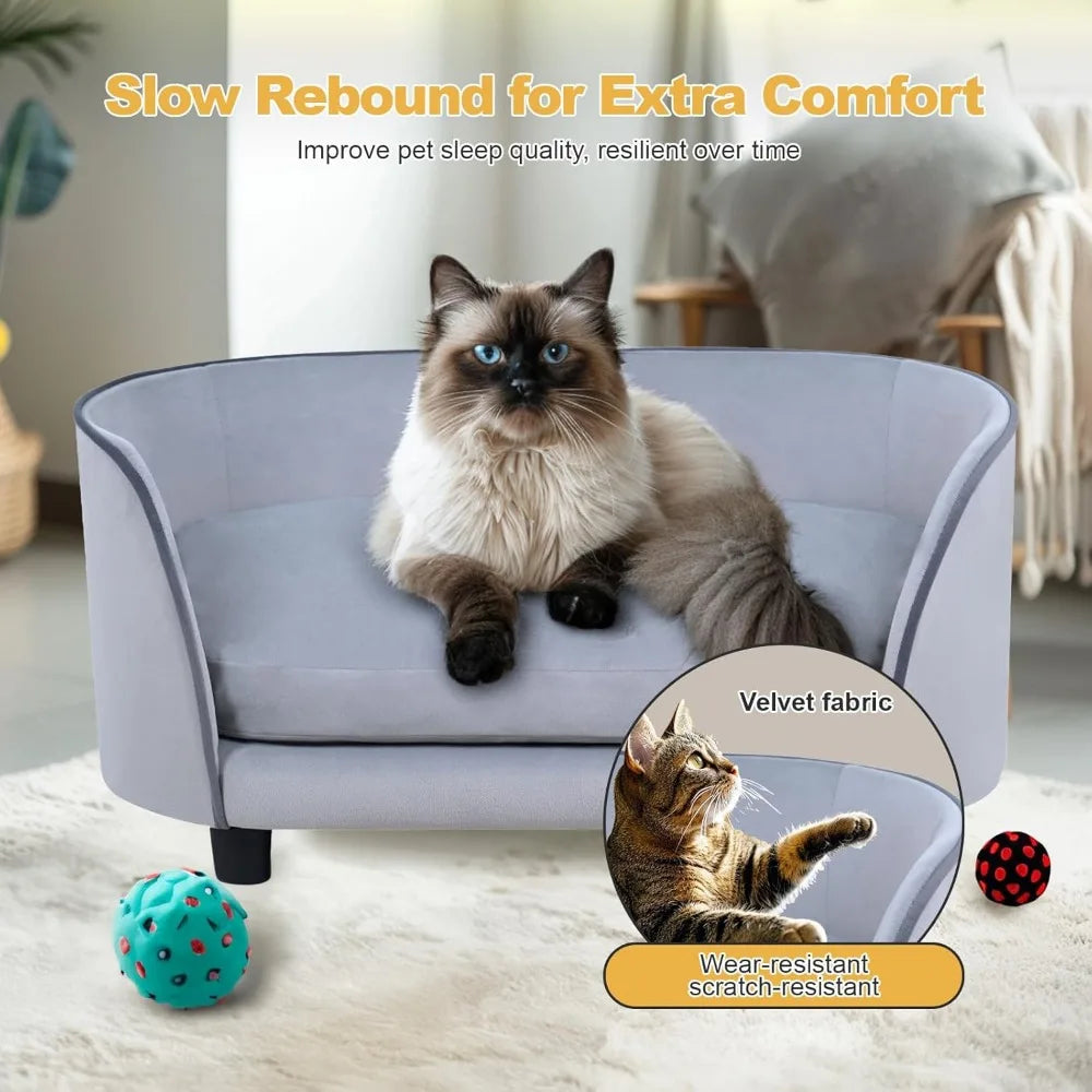 27 Inch Pet Sofa Bed for Small Dogs and Cats with Soft Cushion Removable Cover Anti Slip Pads Gray