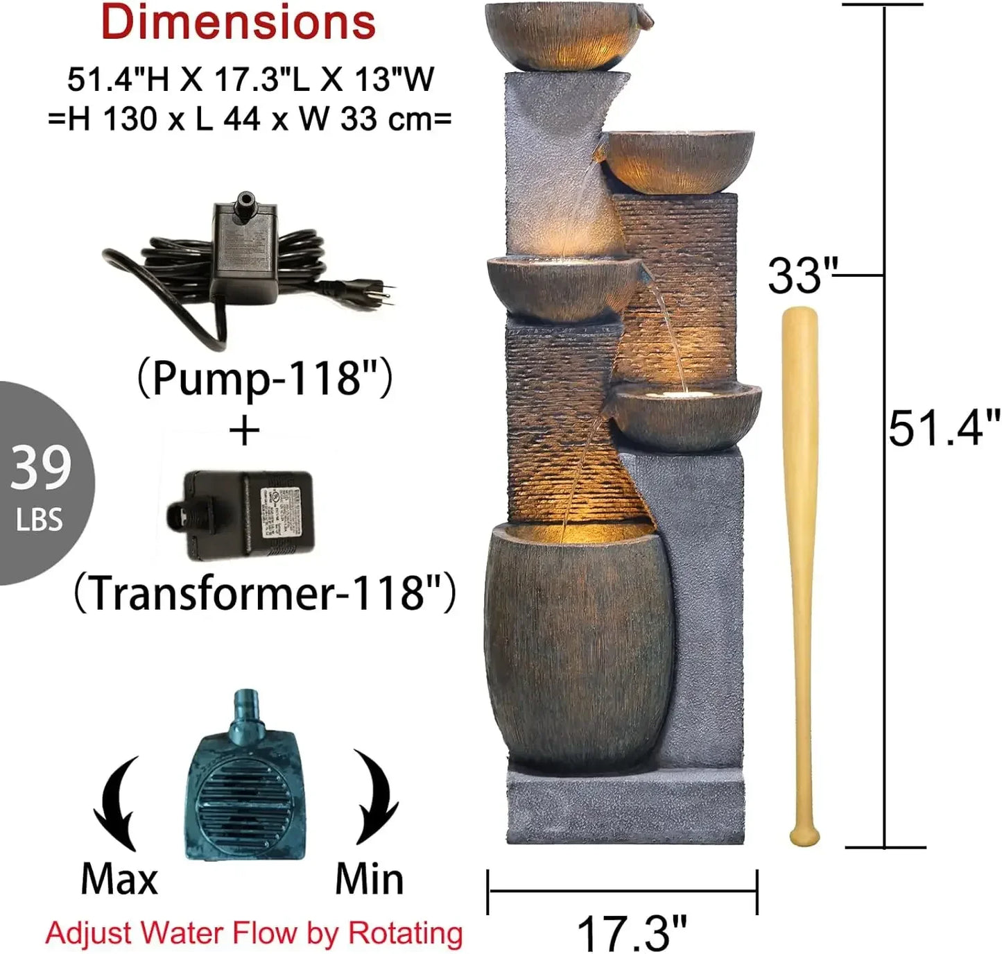 51.4 Inch H Outdoor Garden Water Fountain with 5 Tiers for Patio Backyard Deck Porch and Home Art Decor