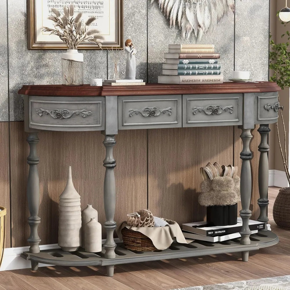 Retro Wood Curved Console Table 52 Inch Half Moon Hall Sofa Table with Drawers and Shelf for Living Room Home Furniture
