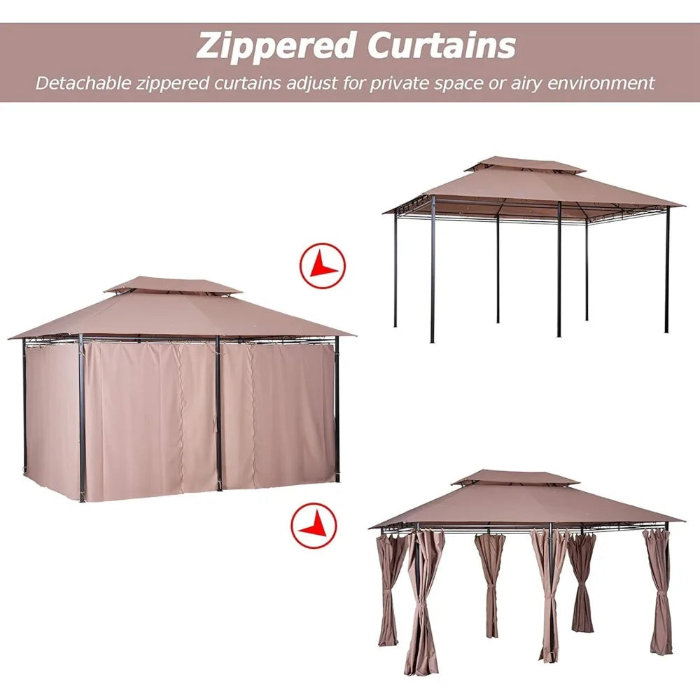 Patio Gazebo Outdoor Canopy Shelter with Curtains Vented Roof Steel Frame for Garden Lawn Backyard
