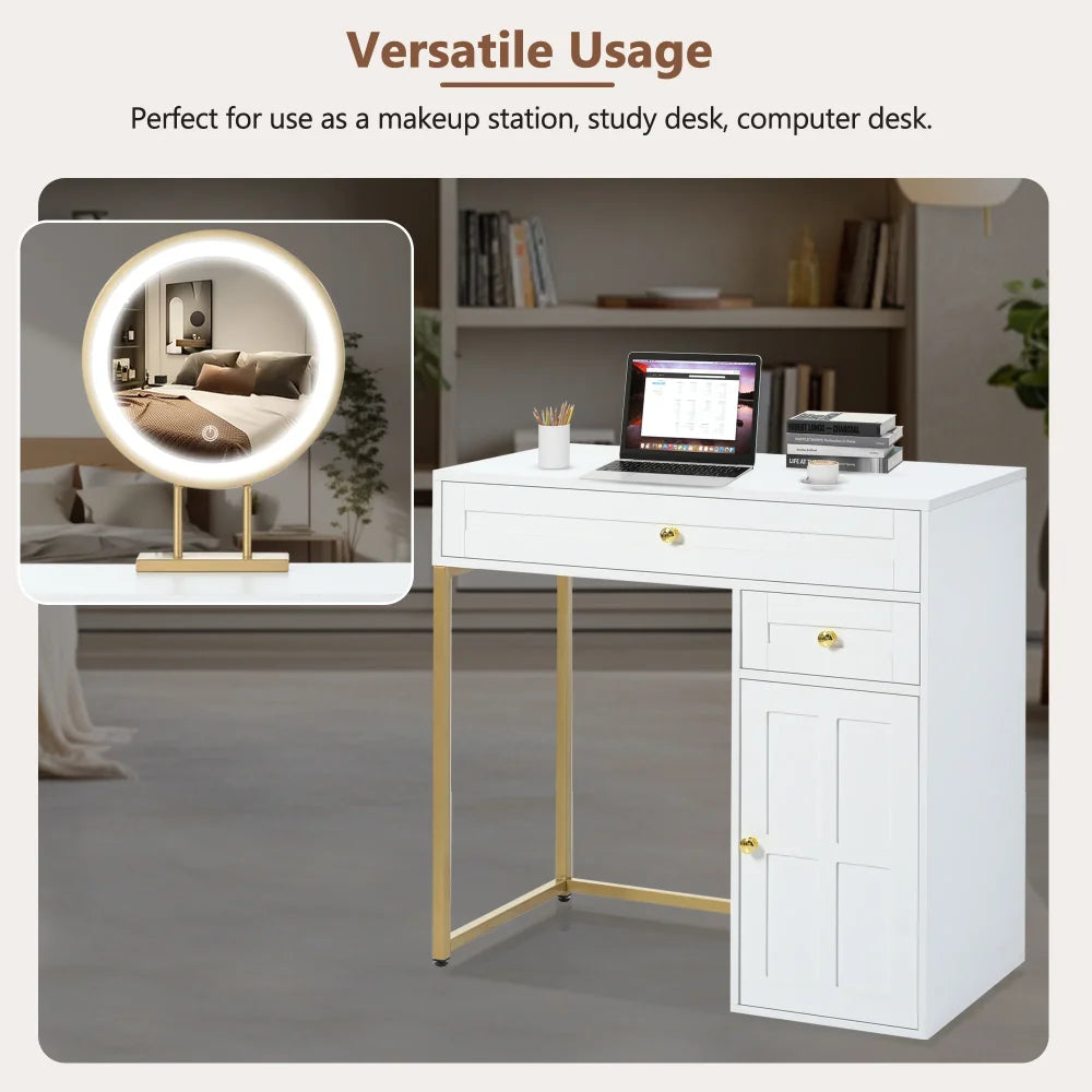 Makeup Vanity Desk with Mirror Luxury Vanity Desk with 2 Drawers 1 Cabinet and 3 Lighting Modes Dressing Table for Bedroom