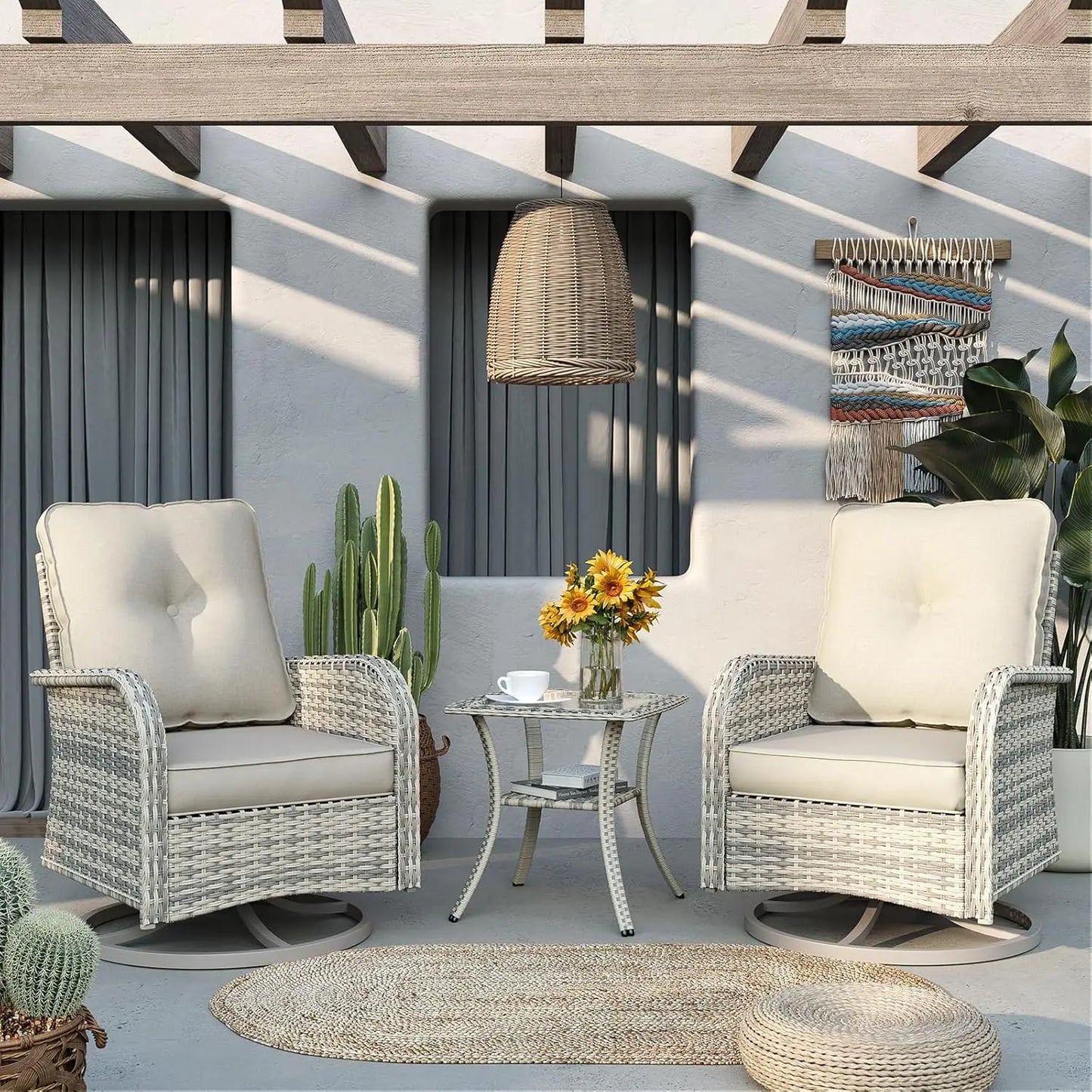 Patio Rocking Swivel Chair Outdoor Wicker Rattan Bistro Set with Tempered Glass Side Table Garden Furniture