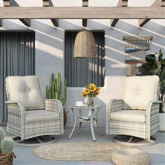 Patio Rocking Swivel Chair Outdoor Wicker Rattan Bistro Set with Tempered Glass Side Table Garden Furniture
