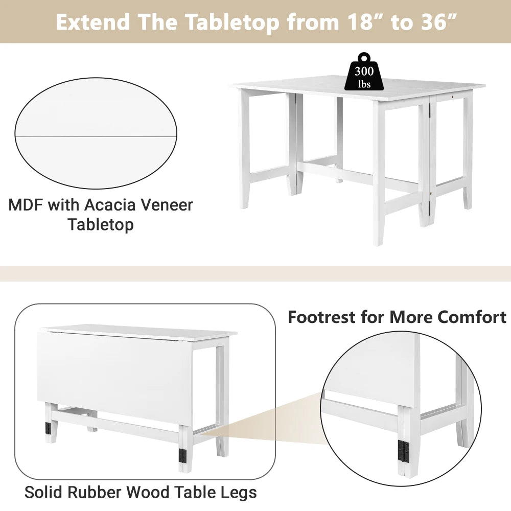 Farmhouse Wood Extendable Dining Table With Drop Leaf For Small Spaces White
