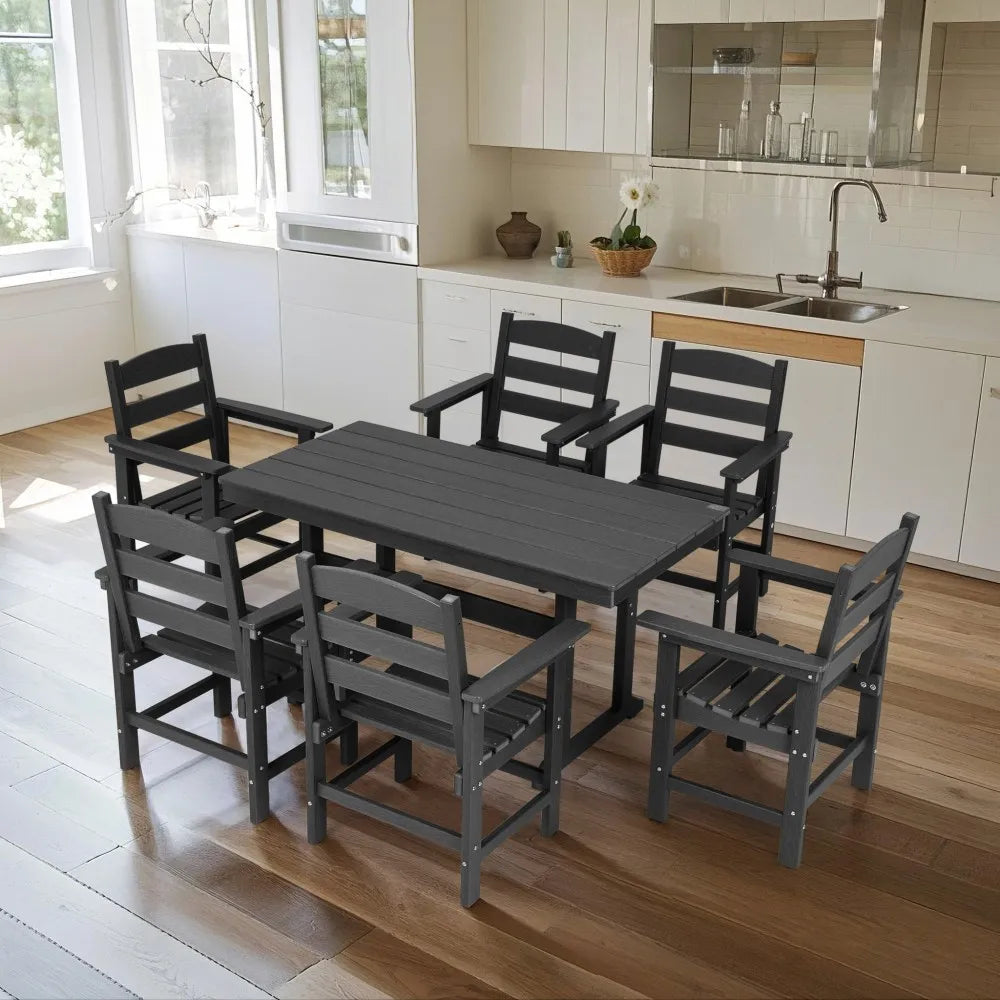 7 Piece HDPE Patio Outdoor Furniture Set for 6 with 51 Inch Dining Table and Chairs