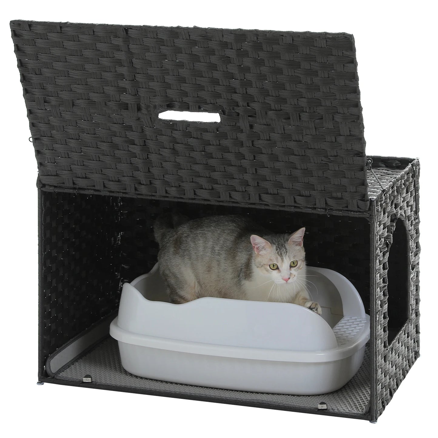 Rattan Cat Litter Box Enclosure Furniture with Door Handwoven Rattan Hidden Litter Box for Living Room Odor Control Cat House Bed