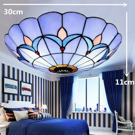 12" Tiffany Style Stained Glass Flush Mount Light, Elegant Vintage Ceiling Lamp for Living Room and Dining Room