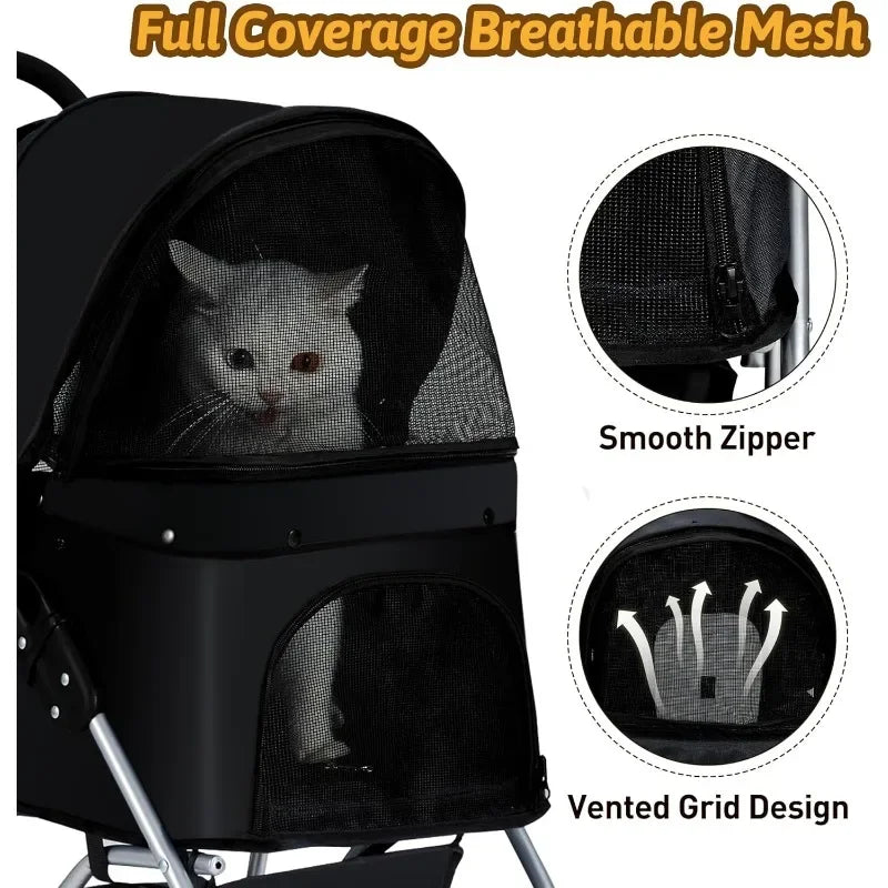 Pet Stroller for Medium and Small Dogs and Cats Four Wheels Folding Cat Jogger with Storage Basket and Breathable Mesh